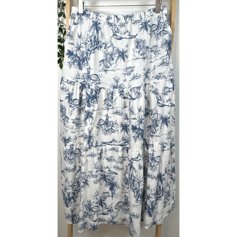 C&C California Women Blue White Tropical Toile Linen Blend Tiered Midi Skirt M